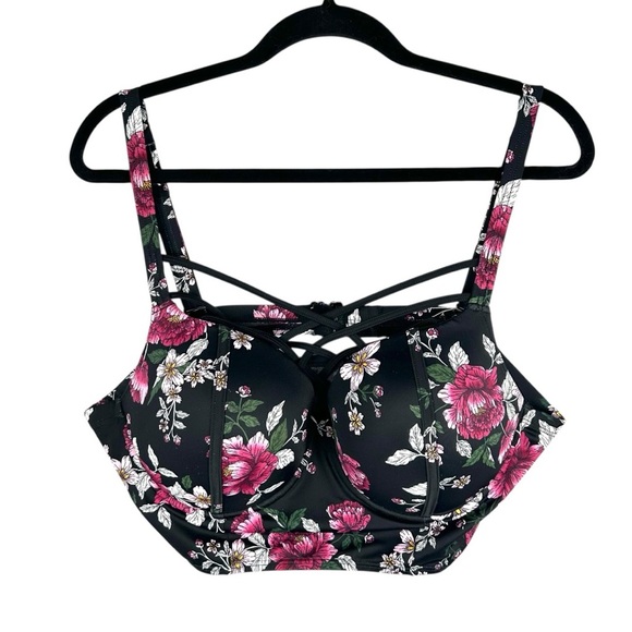 TORRID Black & Pink Floral Print Strappy Push-Up Balconette Bikini Top Size 1X - Picture 2 of 10